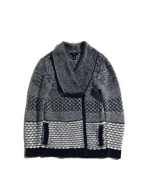 GAP Open Cardigan Womens S Blue White Textured Heavy Knit Shawl Collar Sweater